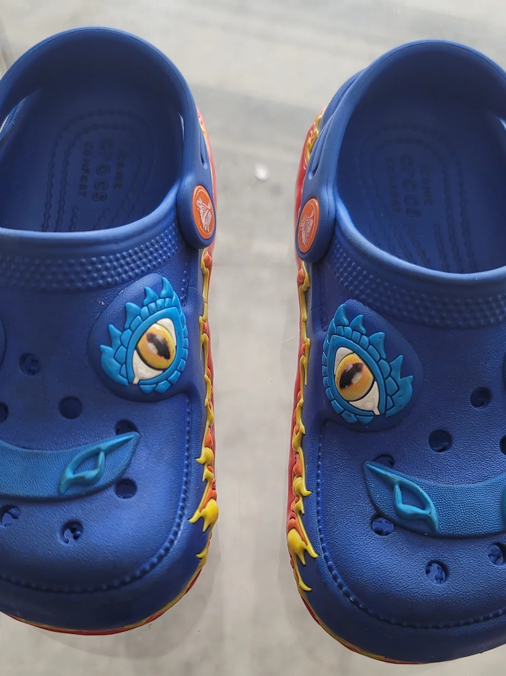 CROCS Kids Blue Dragon Clogs with Red/Yellow Flame Trim